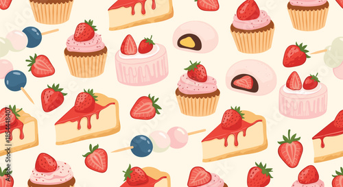 Sweet and delicious seamless pattern featuring a variety of strawberry desserts including cheesecake, cupcakes, mochi, and fresh strawberries.