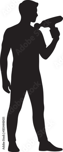 Minimal silhouette of a standing person holding a massage gun against their shoulder, relaxed pose vector art illustration
