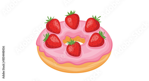 Delicious cartoon donut with sweet pink icing, generously topped with six fresh, ripe strawberries, isolated on a white background.