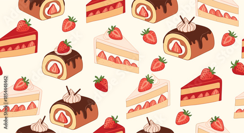 Delicious seamless pattern of various strawberry cakes, featuring slices of shortcake and chocolate and vanilla swiss rolls on a light background.