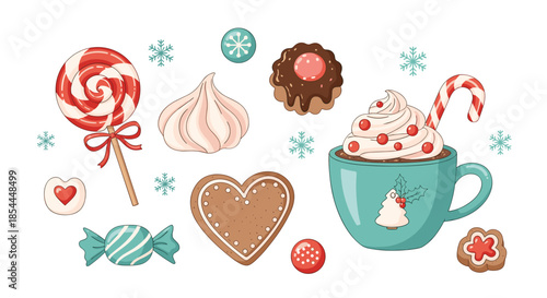 Festive collection of cute Christmas sweets and treats, including hot chocolate, a gingerbread heart, a lollipop, and other holiday candies.