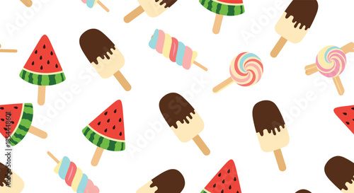Fun and colorful seamless summer pattern with a variety of ice cream treats, including watermelon popsicles, chocolate bars, and lollipops.