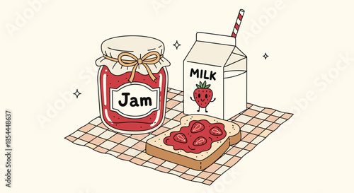 Adorable cartoon illustration of a cozy breakfast with a jar of jam, a cute milk carton, and toast on a checkered placemat.