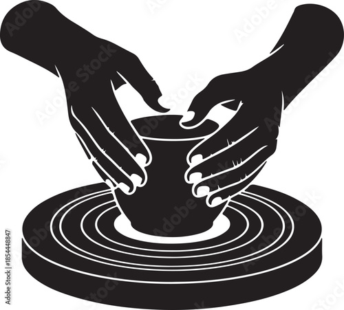 Minimal silhouette of hands shaping clay on a spinning pottery wheel vector art illustration