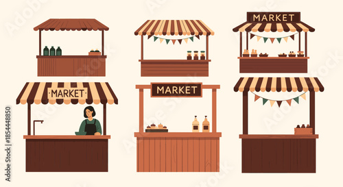 A charming collection of six different wooden market stalls and street food stands with awnings, isolated on a light background.