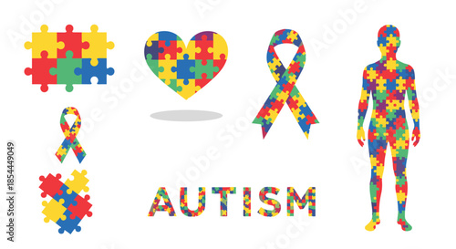 A collection of colorful puzzle piece symbols for Autism Awareness, including a heart, ribbon, and human silhouette illustration.