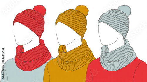 Colorful knitted winter hat and scarf sets on mannequins for cold weather fashion