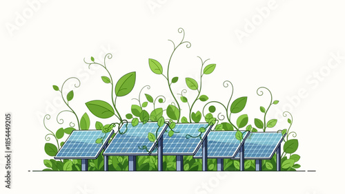 Solar Panels with Flourishing Greenery Eco-Friendly Energy and Sustainable Growth Concept