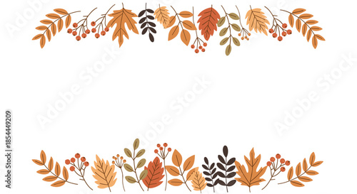 An elegant autumn frame with arched top and bottom borders of fall leaves, branches, and berries isolated on a white background.