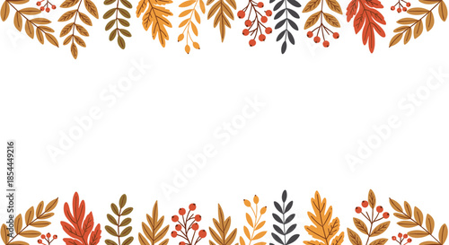 A beautiful autumn frame with a top and bottom border of colorful fall leaves, branches, and berries on a clean white background.