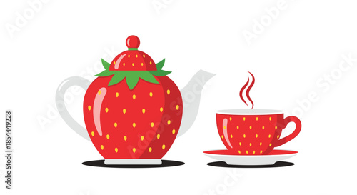 A cute cartoon illustration of a strawberry-shaped teapot and a matching teacup with steam, isolated on a white background.