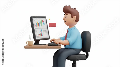 Animated Business Man Working on Computer with Graphs and Coffee