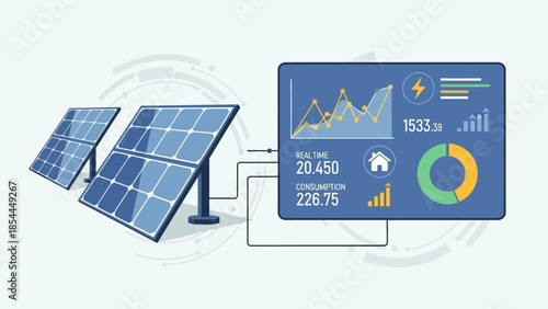 Solar Panels Generating Energy with Real-time Data Visualization on Monitor