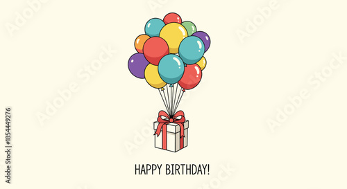 A charming hand-drawn happy birthday card design featuring a gift box with a red bow being lifted by a bunch of colorful balloons.