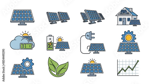 Collection of solar panel icons illustrating renewable energy and eco-friendly technology
