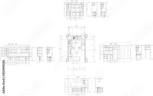 Interior Kitchen Design Drawing with Construction Details and Built-in Furniture Layout