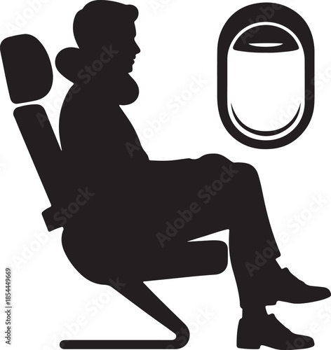 Simple silhouette of a seated airplane passenger with neck pillow vector art illustration