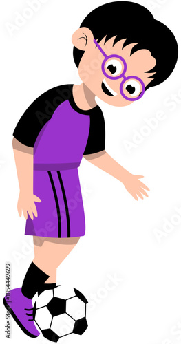 Boy Wearing Glasses in Purple Jersey Practicing Instep Pass Step 2 Soccer Illustration. Editable Color Vector