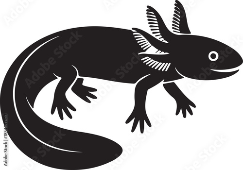 Simple silhouette of an axolotl in side profile, feathery external gills clearly defined vector art illustration