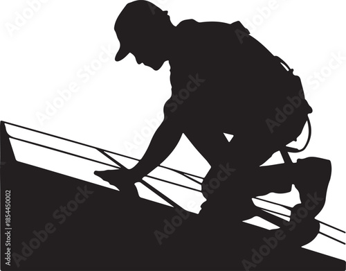 Solid black silhouette of a worker kneeling on a slanted roof installing rectangular solar panels, safety harness visible vector art illustration