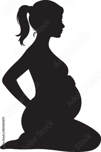 Solid black silhouette of a pregnant woman performing a gentle yoga pose, hands on hips, stable stance vector art illustration