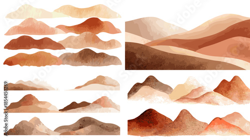 Watercolor desert landscapes with layered mountains and dunes in warm earth tones, ideal for travel backgrounds, nature illustrations, minimalist wall art, and calm scenic designs.