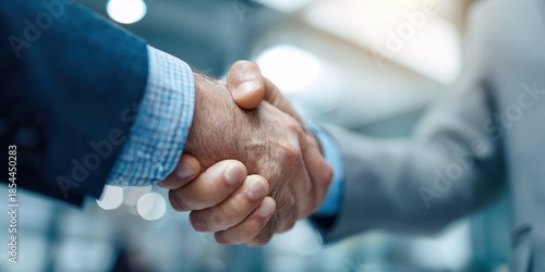 A close-up of two hands shaking, symbolizing agreement and partnership in a professional setting.