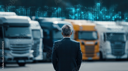 A man in a suit stands before a row of trucks, with a futuristic digital skyline displayed above, symbolizing transport and technology integration.