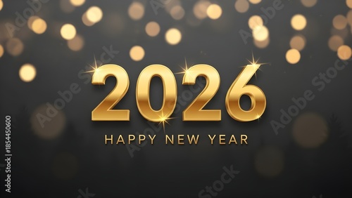 Golden 2026 and happy new year text with sparkling bokeh lights on a dark background