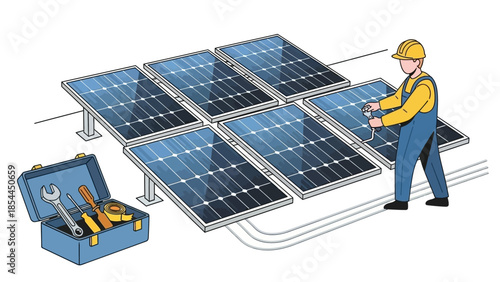 Solar Panel Installation Technician Working with Equipment on a Rooftop with Blue Sky