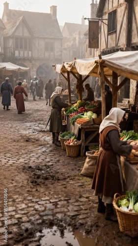 Medieval Peasants Selling Bread and Vegetables at Muddy Village Market Stalls with Stone Houses