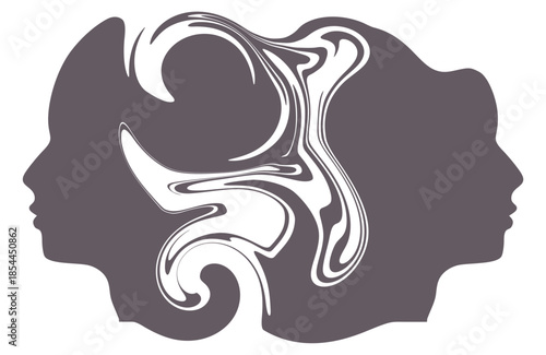 Metaphor bipolar disorder mind mental. Split personality. Concept mood disorder. Two head silhouette. Psychology and mental health. Dual personality concept.