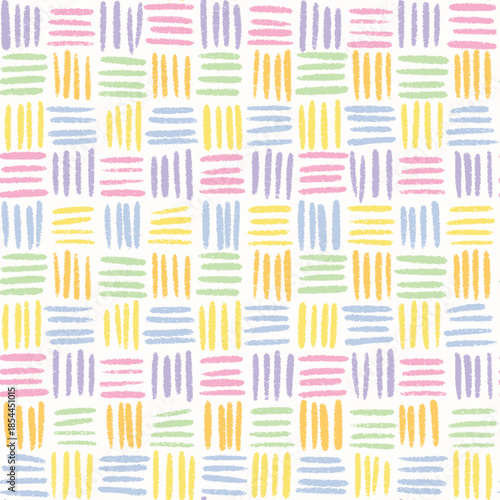 Vector Seamless Pastel Geometric Bamboo Basket Weave Pattern with Cute Hand-Drawn Crayon Texture for Nursery