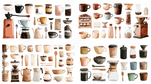 Watercolor coffee cups mugs and brewing tools displayed as a collection, perfect for cafe branding, kitchen decor, beverage menus, and cozy lifestyle illustrations.