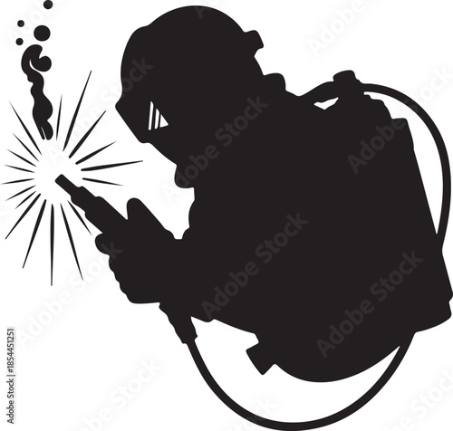 Vector silhouette of an underwater welder in a bulky diving suit and helmet, holding a welding torch with cable trailing art illustration