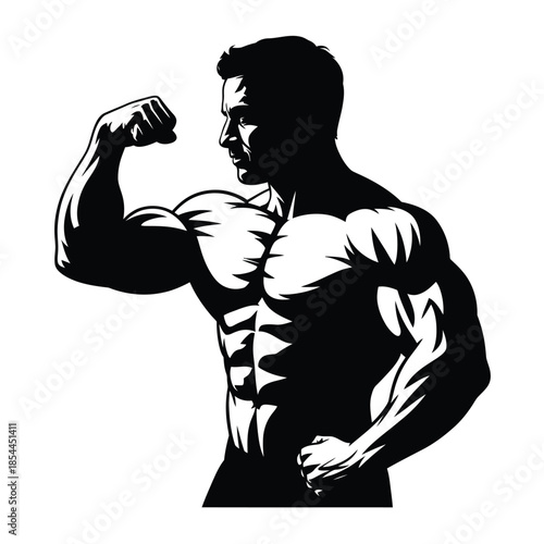 Silhouette of a muscular man flexing his bicep and showing physique