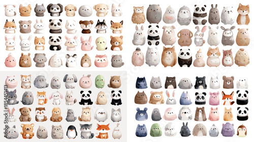 Cute watercolor cat figurines and decorative characters arranged as a collection, perfect for nursery decor, pet branding, playful illustrations, and cozy home themes.