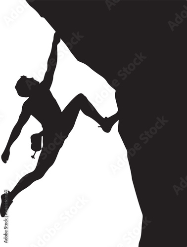 Black silhouette of a climber reaching upward, chalk bag hanging from waist vector art illustration