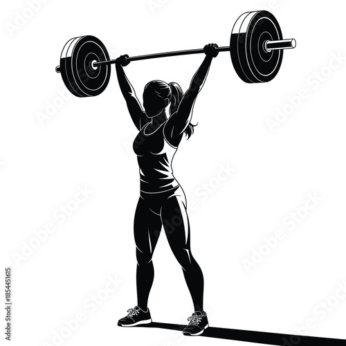 Silhouette of a woman lifting a barbell overhead in a weightlifting pose
