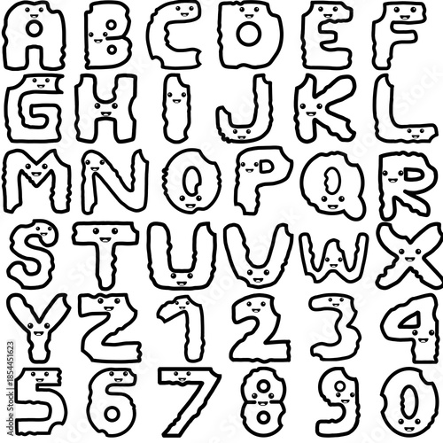Vászonkép Cute alphabet and number character with happy expressions and highlighted heart eyes, an outline black and white illustration set for stickers, emoji, and coloring books