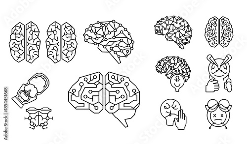 Abstract Neurology Brain Outline Icon Set Modern Medical Vector