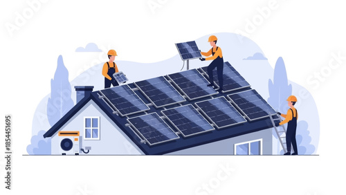 Solar Panel Installation Technicians Working on a Residential Rooftop for Renewable Energy