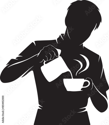 Clean silhouette of a barista tilting a milk pitcher over a coffee cup, smooth pouring motion emphasized vector art illustration