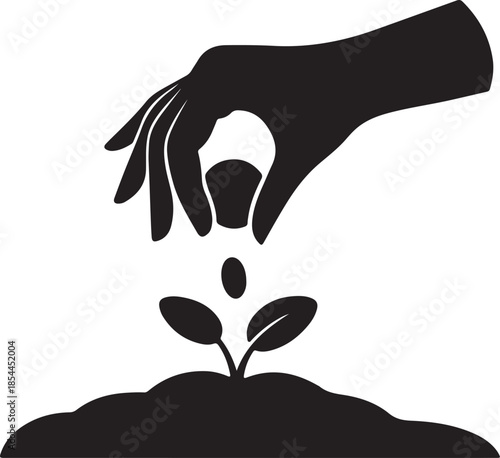 Black silhouette of hands tossing a small seed ball into soil vector art illustration