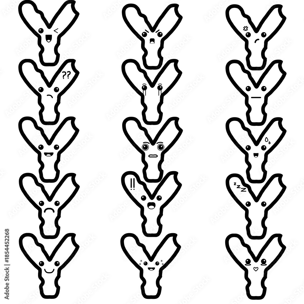 Fototapeta premium Cute alphabet y doodle character with various expressions and highlighted heart eyes, an outline black and white illustration set for stickers, emoji, and coloring books. 