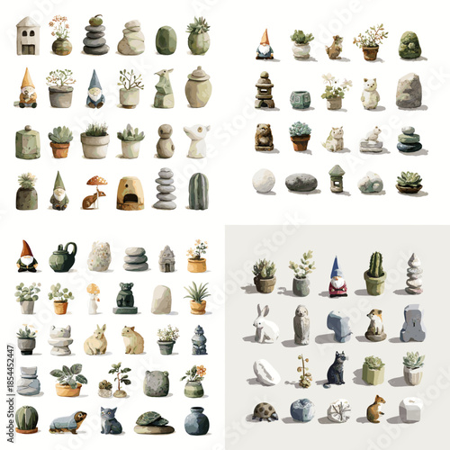 Collection of cute miniature garden statues and stacked stone figures in watercolor style, suitable for zen gardens, playful decor, nursery themes, and lifestyle illustrations.