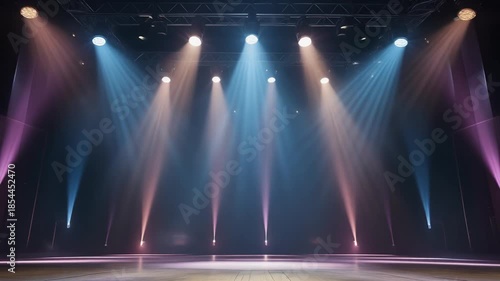 Wallpaper Mural Bright stage lights illuminating an empty performance area from above with colorful beams Torontodigital.ca
