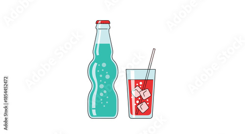 Refreshing illustration of a turquoise glass bottle of soda and a glass of red drink with ice cubes and a straw on a white background.