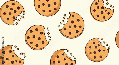 Playful seamless pattern featuring bitten chocolate chip cookies with crumbs on a light beige background for food and bakery themes.