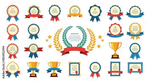 Large collection of colorful award ribbons, trophies, certificates, and laurel wreaths in flat design style for recognizing achievements.